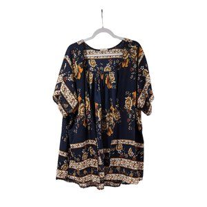 C.O.C. Navy Blue Women Floral Printed Open Short Wide Sleeve Cardigan Sz 2XL